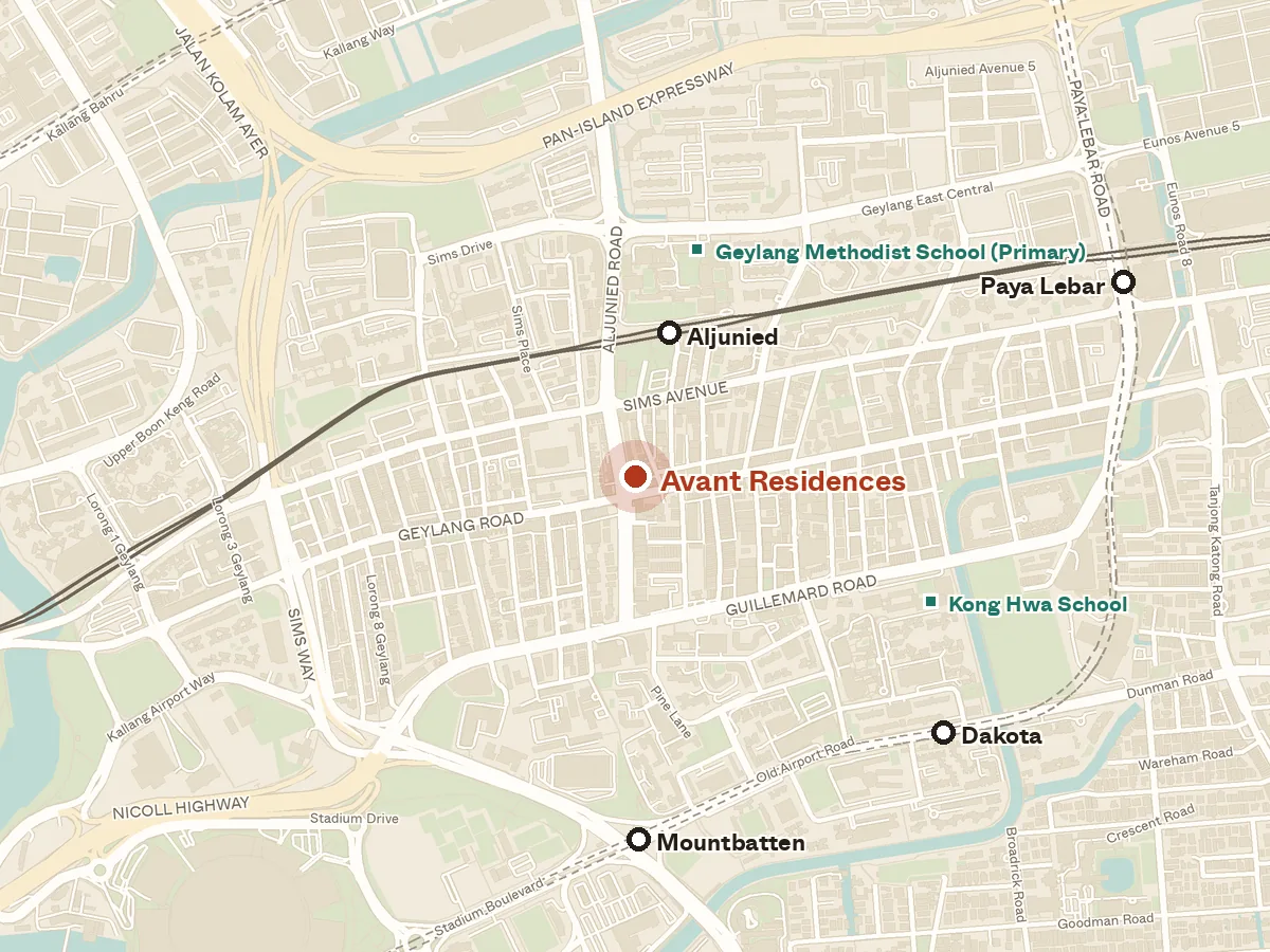 Map of the area around Avant Residences, with nearby MRT stations and primary schools