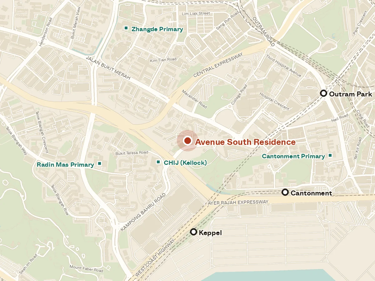 Map of the area around Avenue South Residence, with nearby MRT stations and primary schools