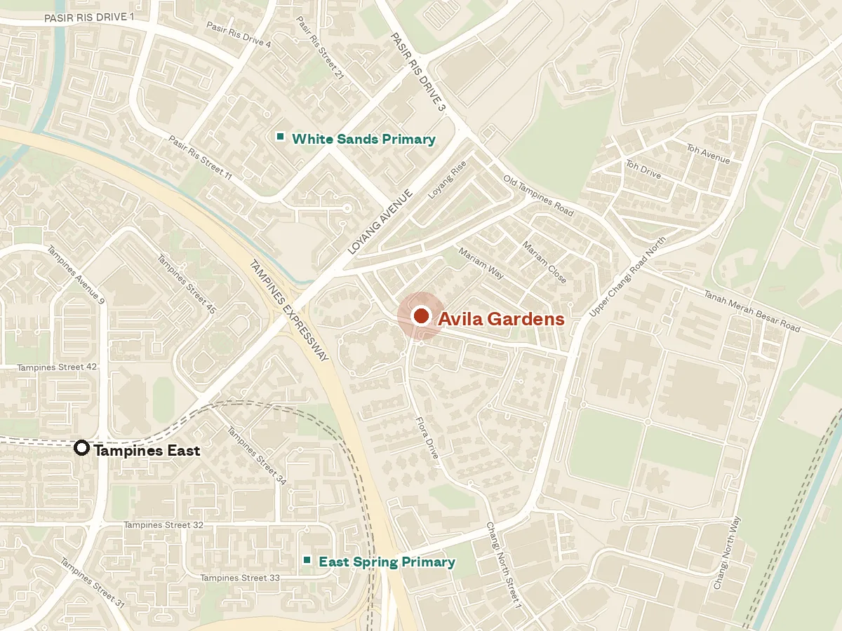 Map of the area around Avila Gardens, with nearby MRT stations and primary schools