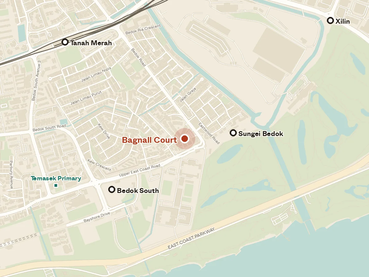 Map of the area around Bagnall Court, with nearby MRT stations and primary schools