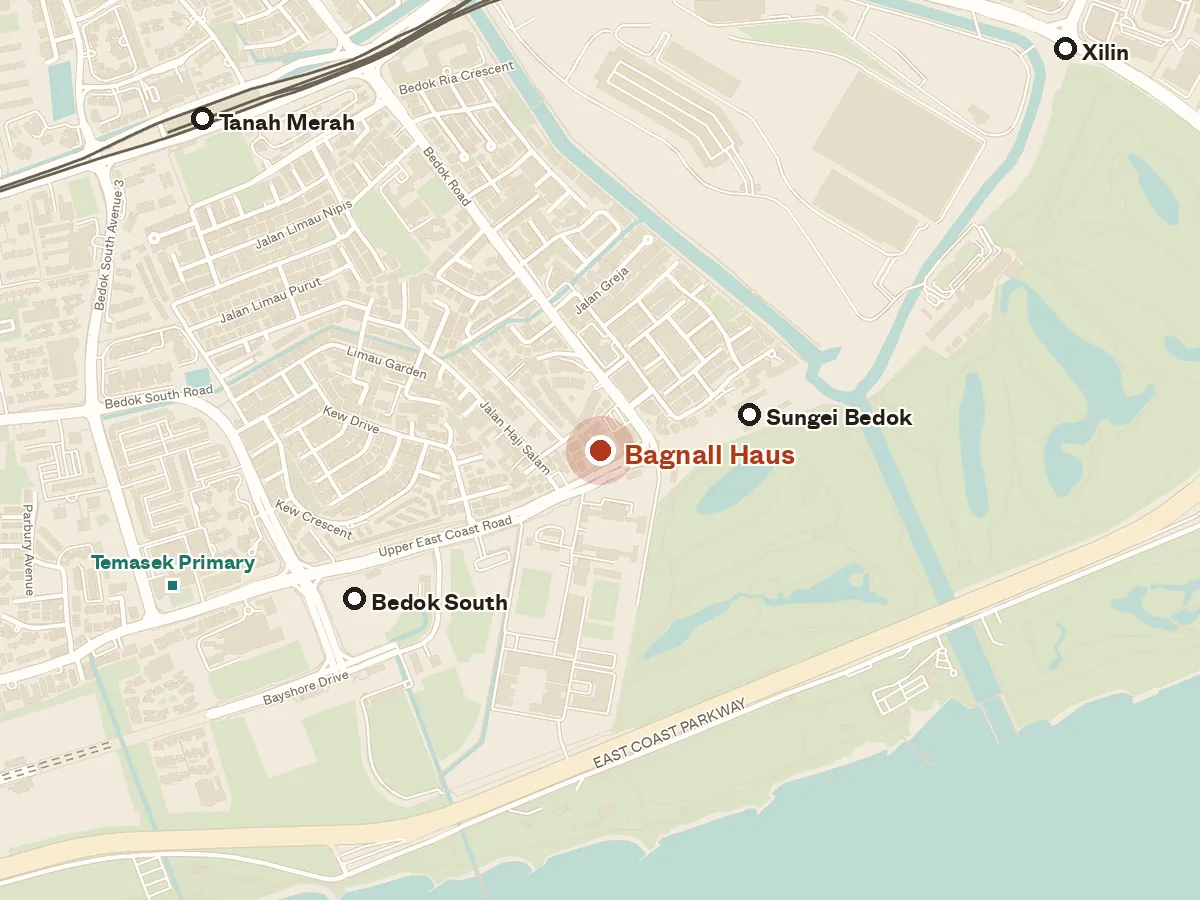 Map of the area around Bagnall Haus, with nearby MRT stations and primary schools