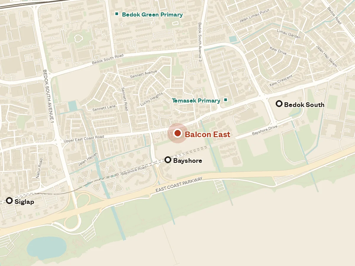 Map of the area around Balcon East, with nearby MRT stations and primary schools