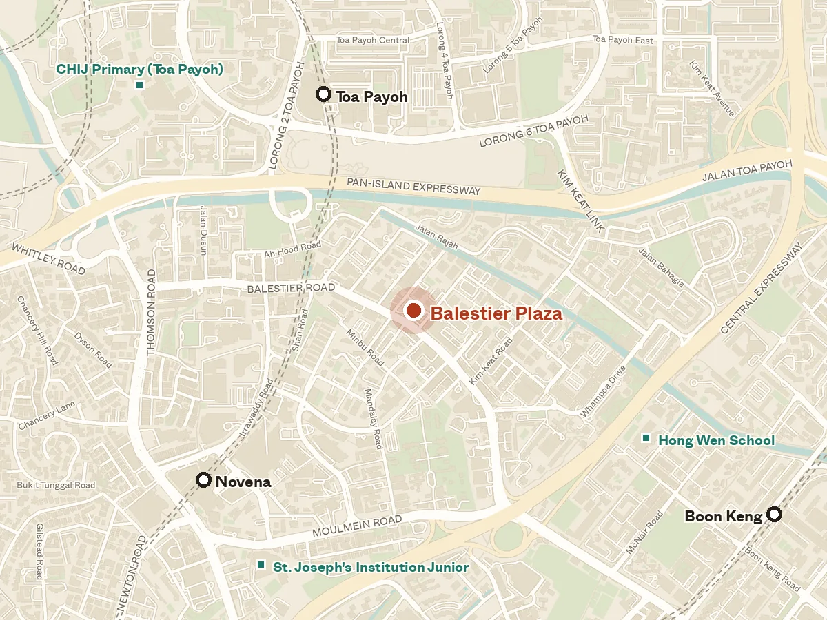 Map of the area around Balestier Plaza, with nearby MRT stations and primary schools