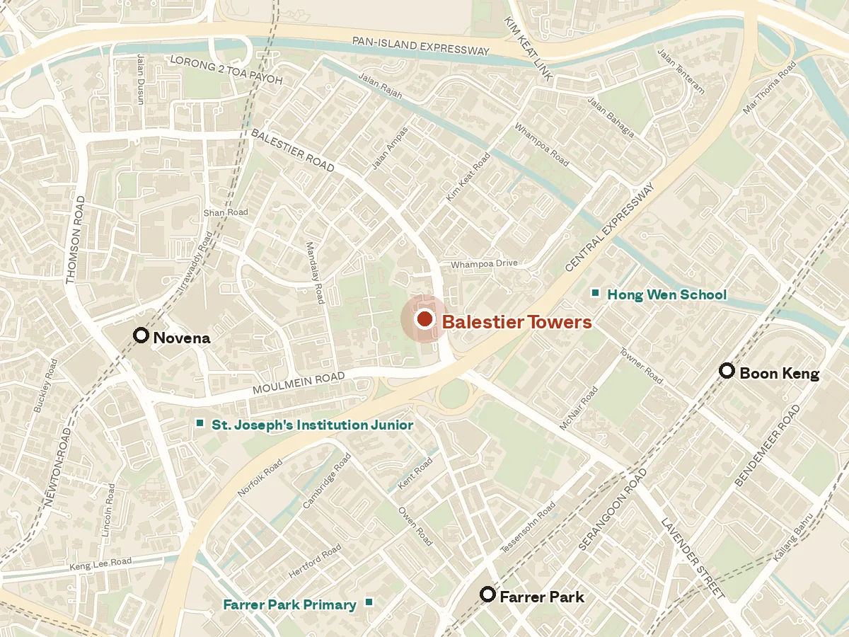 Map of the area around Balestier Towers, with nearby MRT stations and primary schools