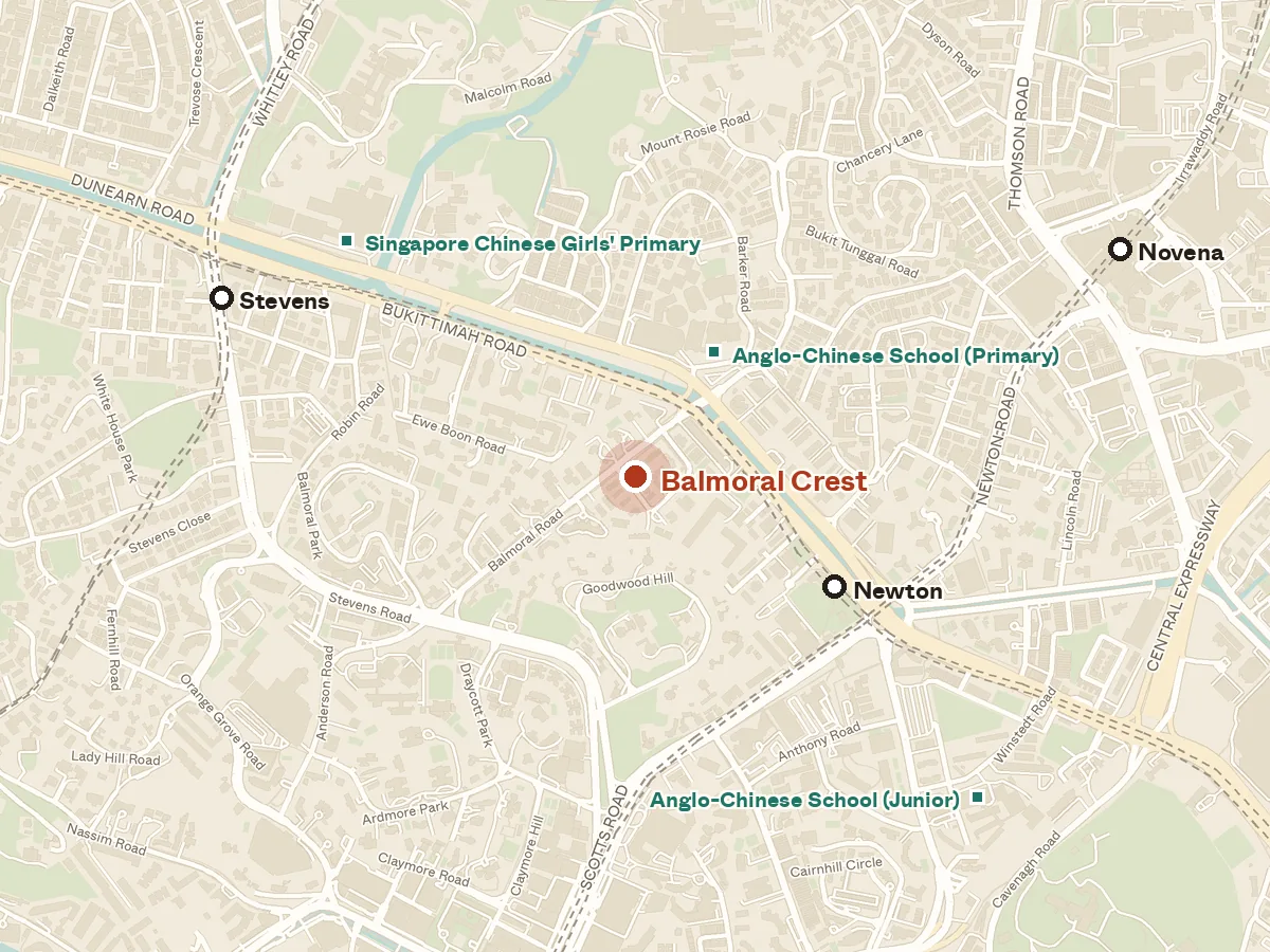 Map of the area around Balmoral Crest, with nearby MRT stations and primary schools
