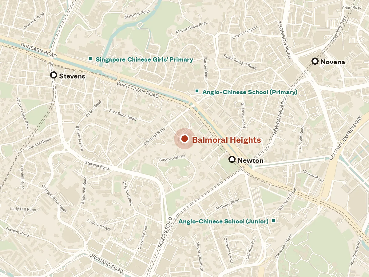 Map of the area around Balmoral Heights, with nearby MRT stations and primary schools