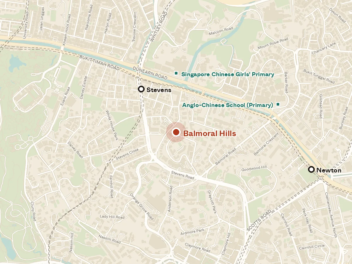 Map of the area around Balmoral Hills, with nearby MRT stations and primary schools