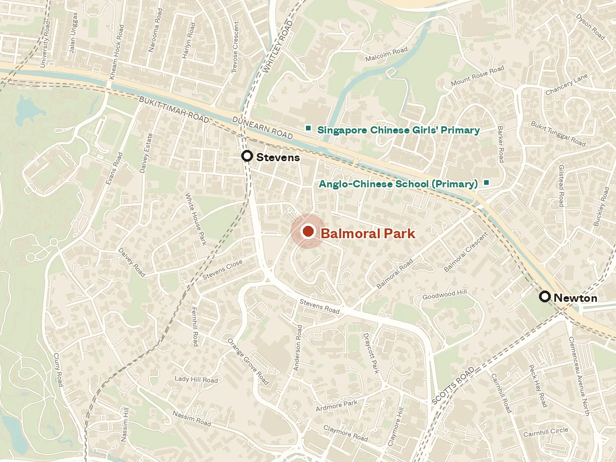 Map of the area around Balmoral Park, with nearby MRT stations and primary schools