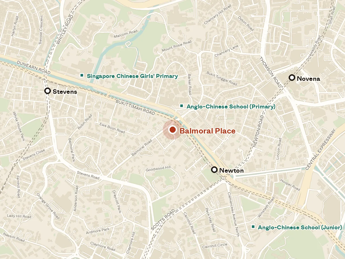 Map of the area around Balmoral Place, with nearby MRT stations and primary schools