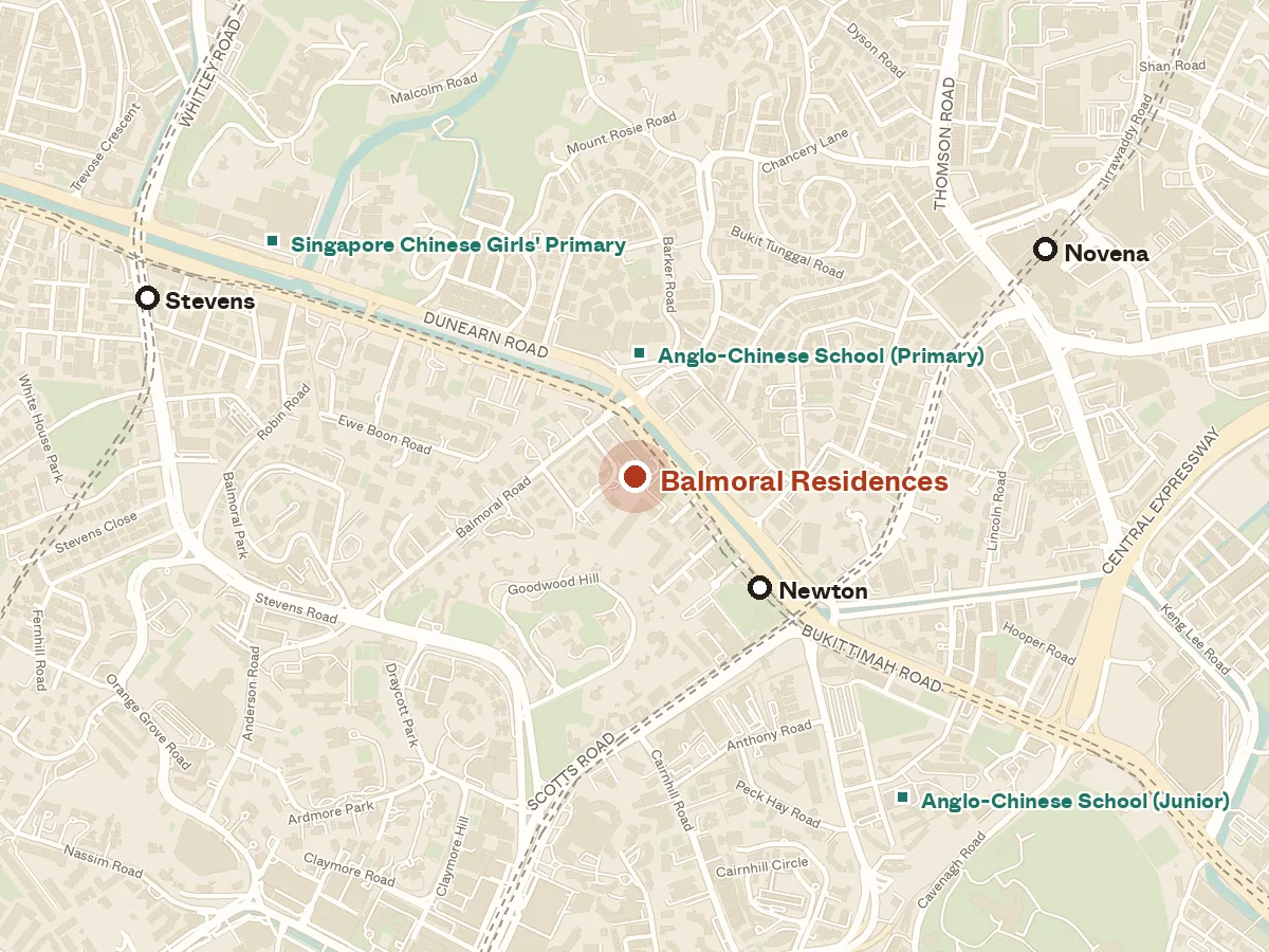 Map of the area around Balmoral Residences, with nearby MRT stations and primary schools