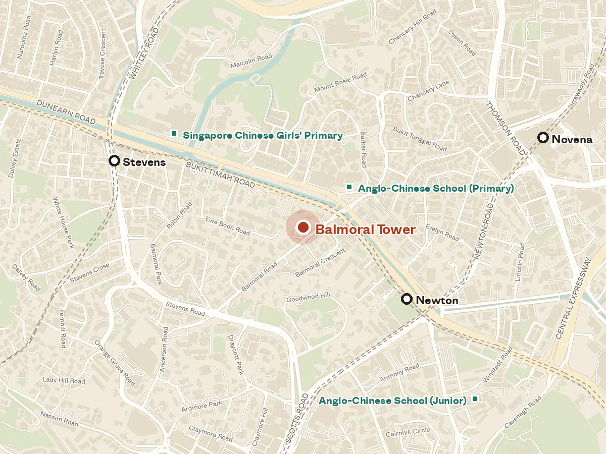 Map of the area around Balmoral Tower, with nearby MRT stations and primary schools