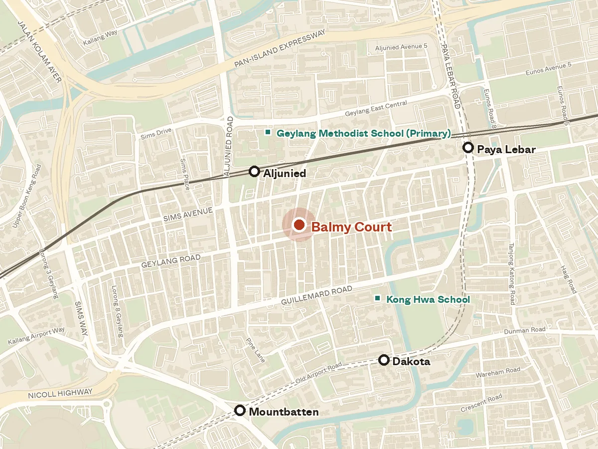 Map of the area around Balmy Court, with nearby MRT stations and primary schools