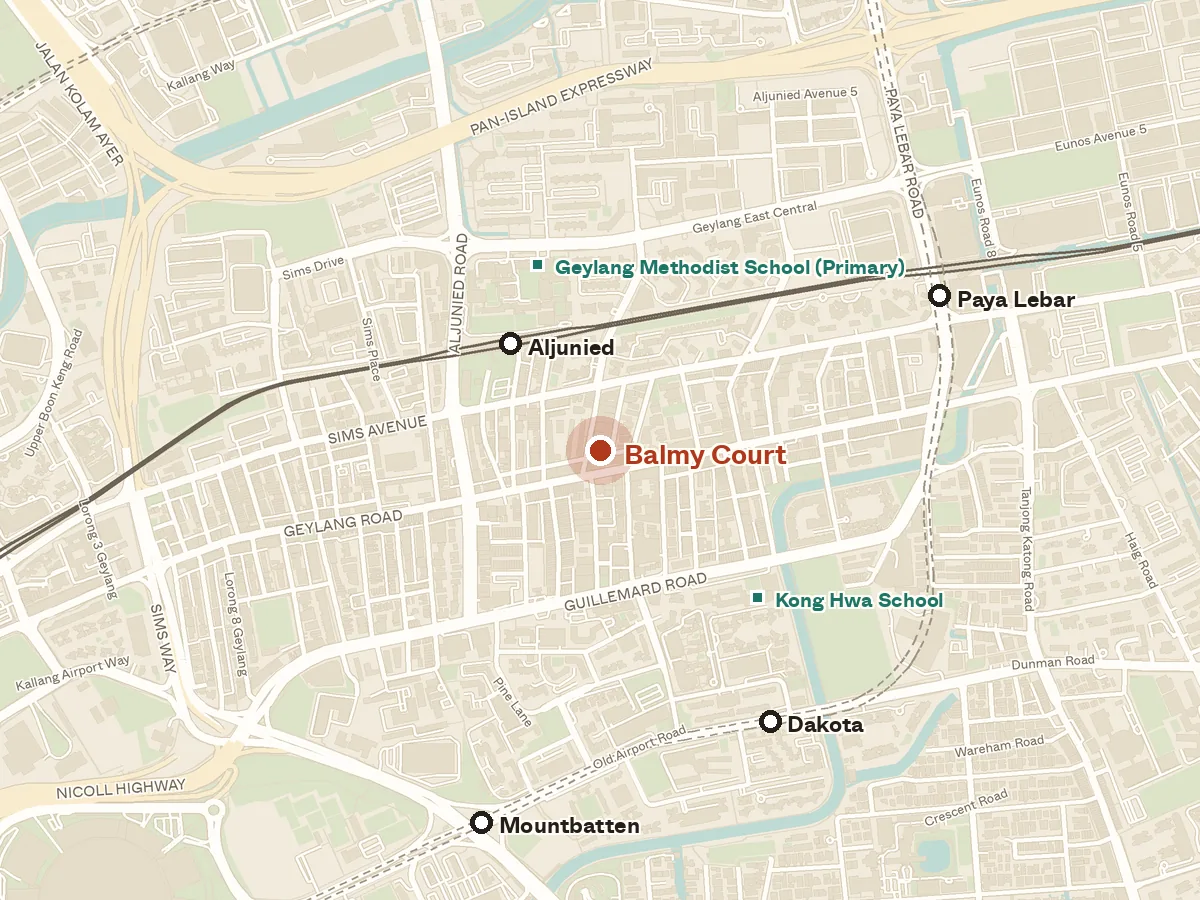Map of the area around Balmy Court, with nearby MRT stations and primary schools