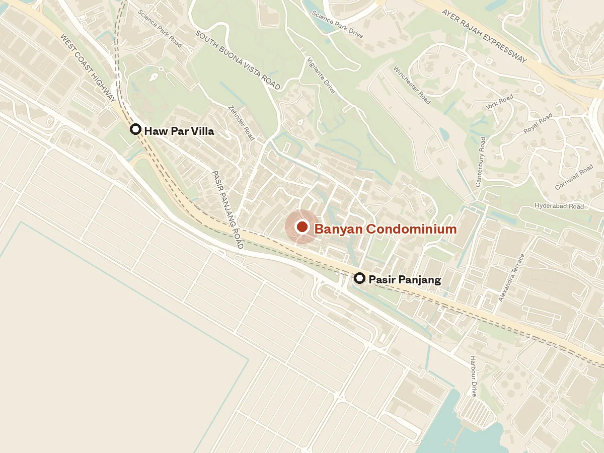 Map of the area around Banyan Condominium, with nearby MRT stations and primary schools