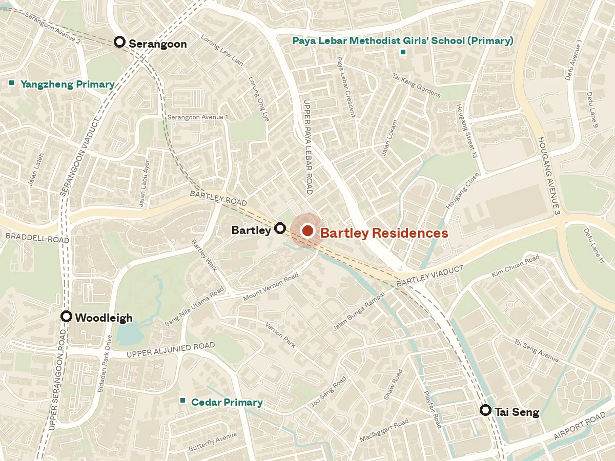 Map of the area around Bartley Residences, with nearby MRT stations and primary schools