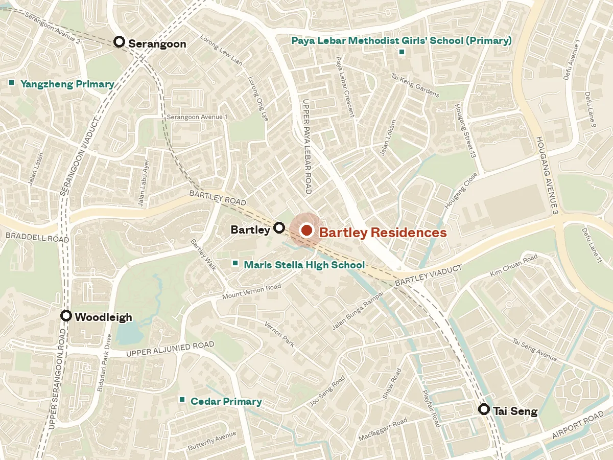 Map of the area around Bartley Residences, with nearby MRT stations and primary schools
