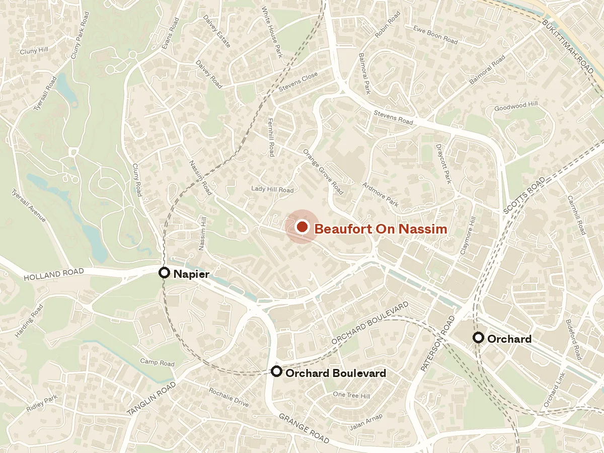 Map of the area around Beaufort On Nassim, with nearby MRT stations and primary schools