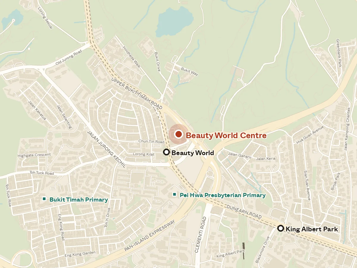 Map of the area around Beauty World Centre, with nearby MRT stations and primary schools