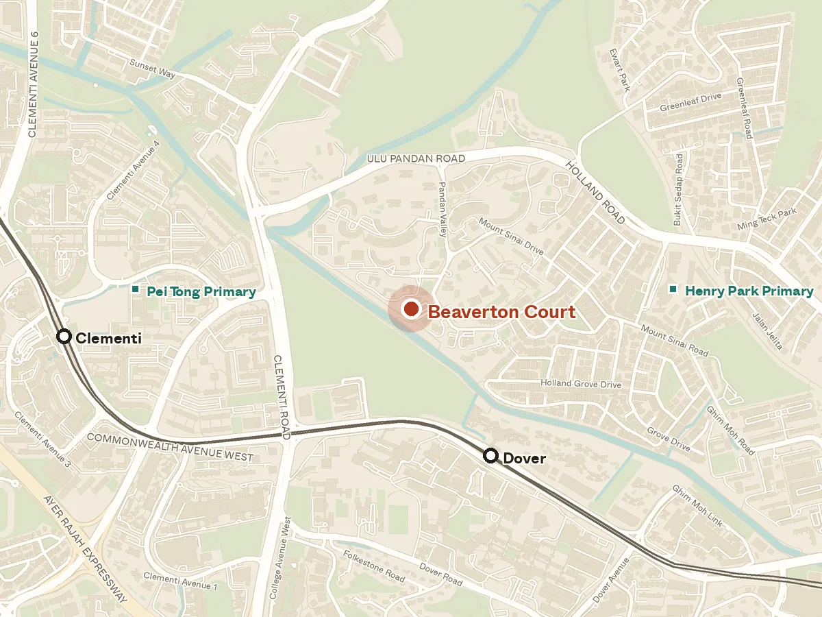 Map of the area around Beaverton Court, with nearby MRT stations and primary schools