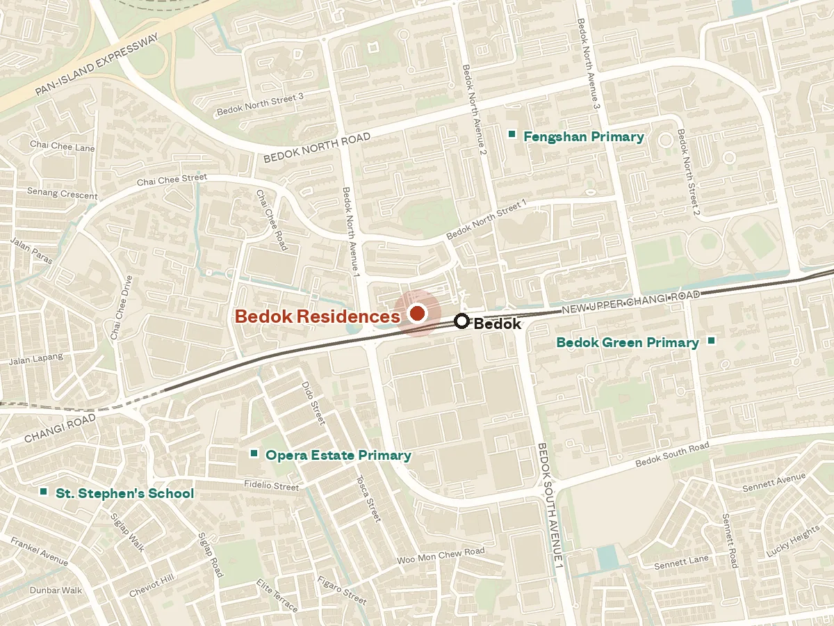 Map of the area around Bedok Residences, with nearby MRT stations and primary schools