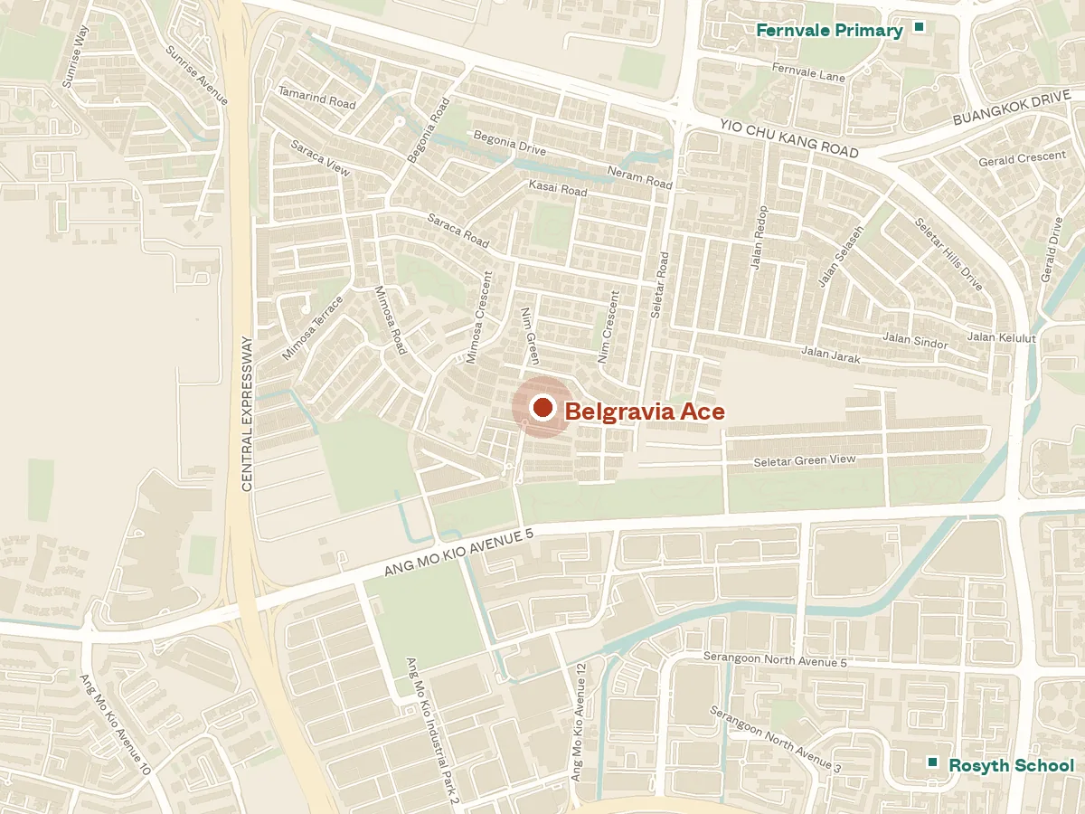 Map of the area around Belgravia Ace, with nearby MRT stations and primary schools