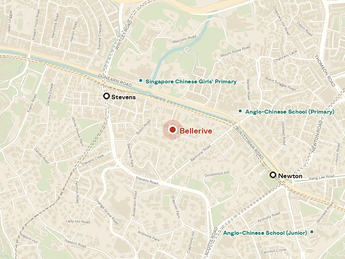 Map of the area around Bellerive, with nearby MRT stations and primary schools