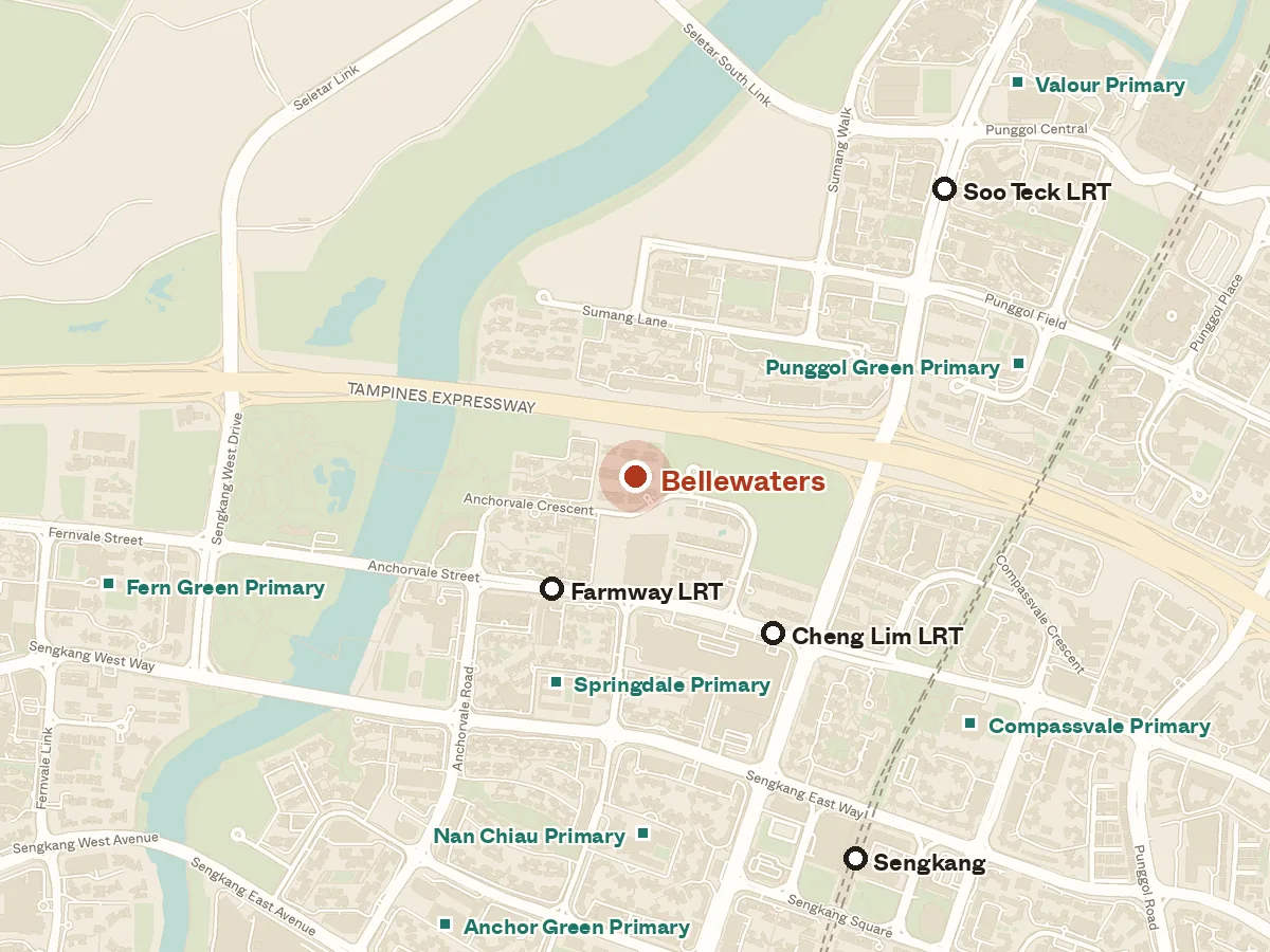 Map of the area around Bellewaters, with nearby MRT stations and primary schools
