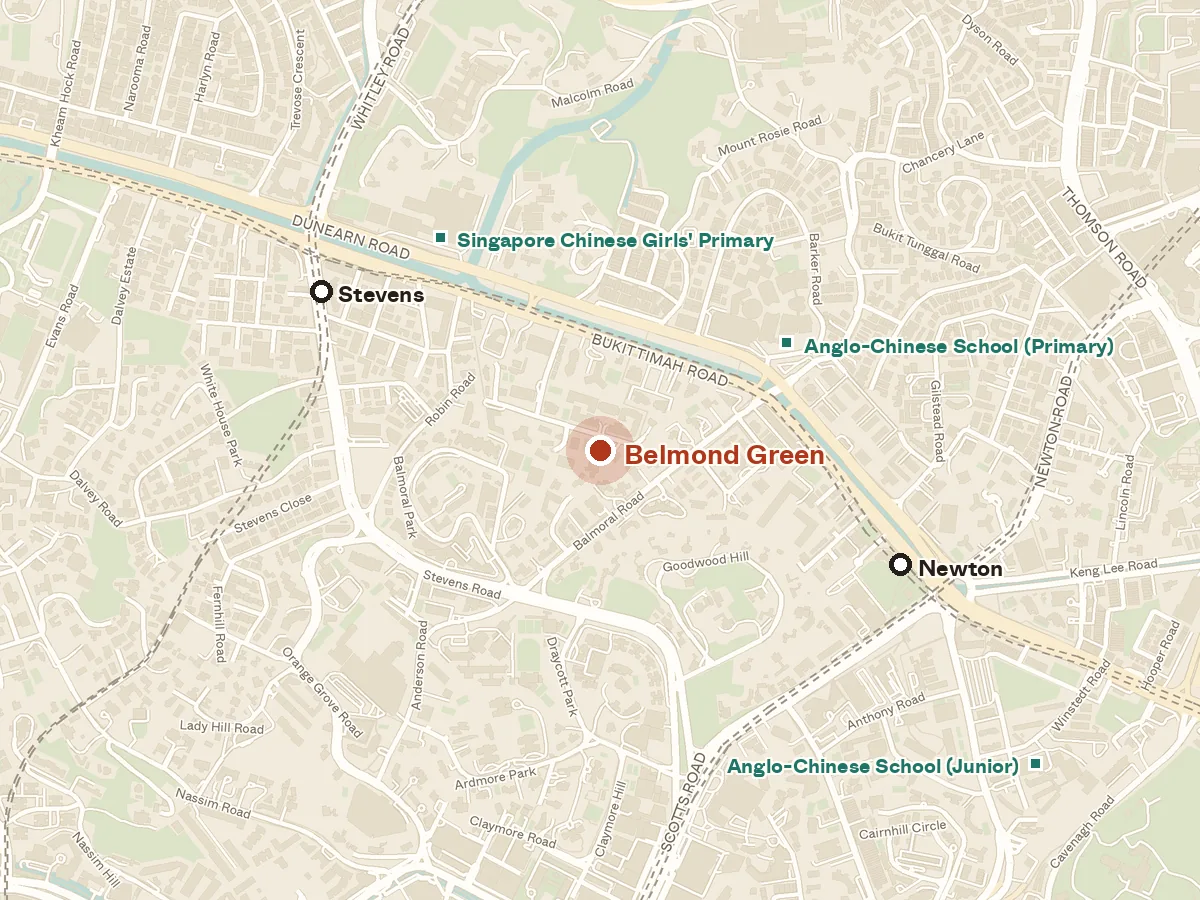 Map of the area around Belmond Green, with nearby MRT stations and primary schools