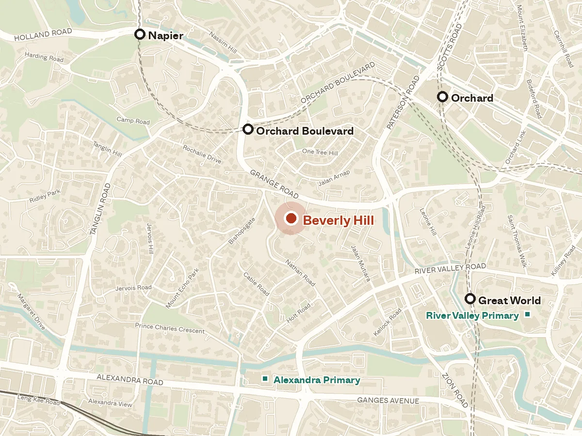 Map of the area around Beverly Hill, with nearby MRT stations and primary schools