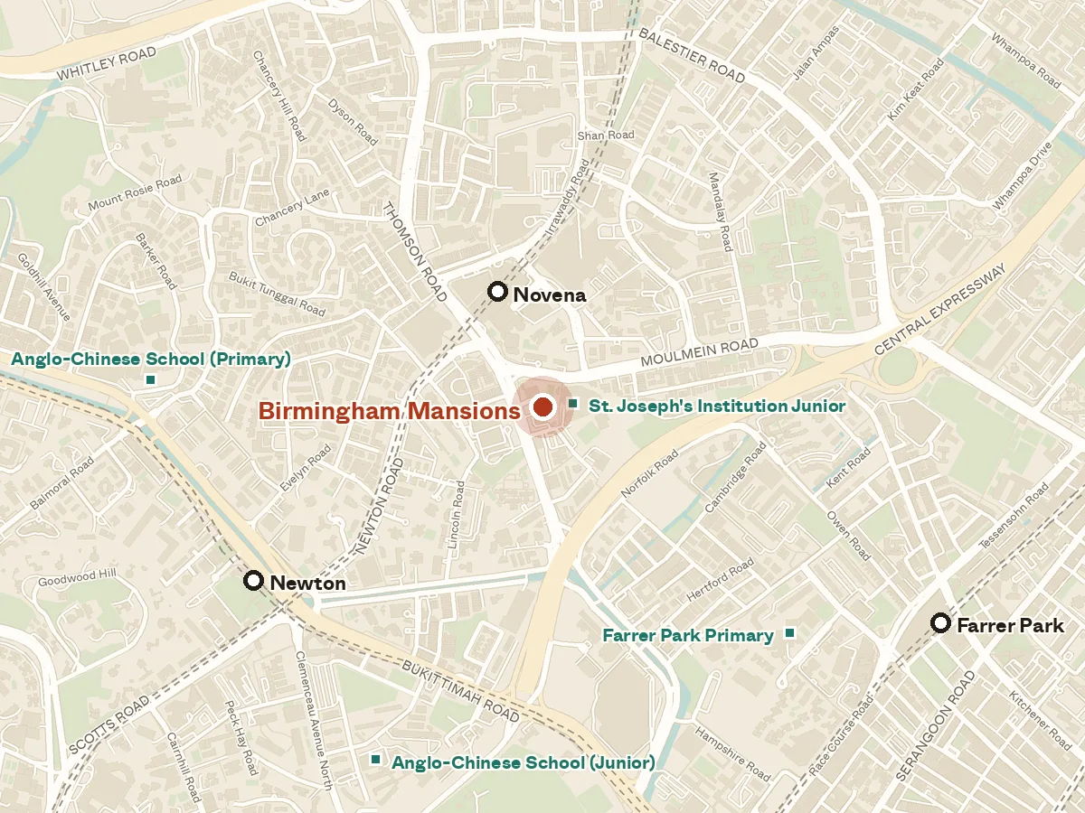 Map of the area around Birmingham Mansions, with nearby MRT stations and primary schools