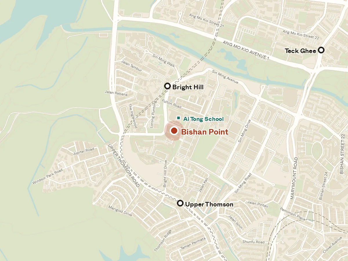 Map of the area around Bishan Point, with nearby MRT stations and primary schools
