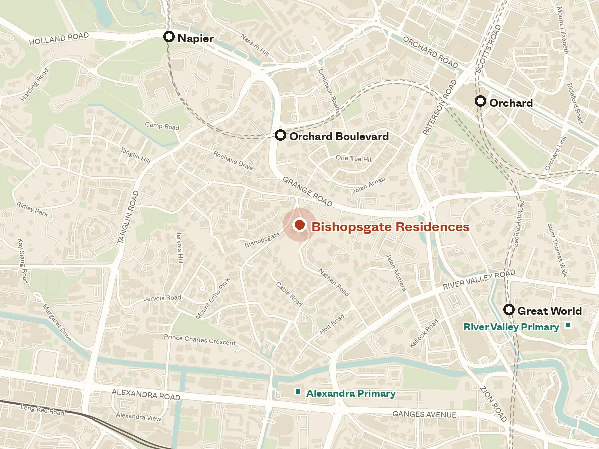 Map of the area around Bishopsgate Residences, with nearby MRT stations and primary schools