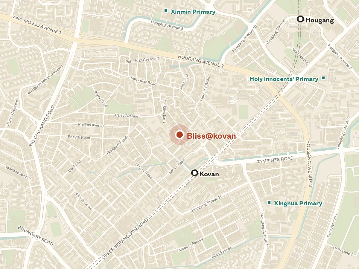 Map of the area around Bliss@kovan, with nearby MRT stations and primary schools