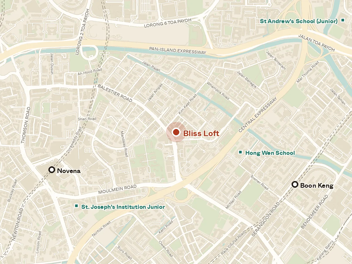Map of the area around Bliss Loft, with nearby MRT stations and primary schools