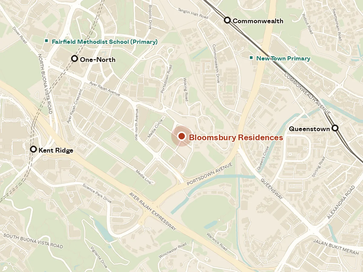 Map of the area around Bloomsbury Residences, with nearby MRT stations and primary schools