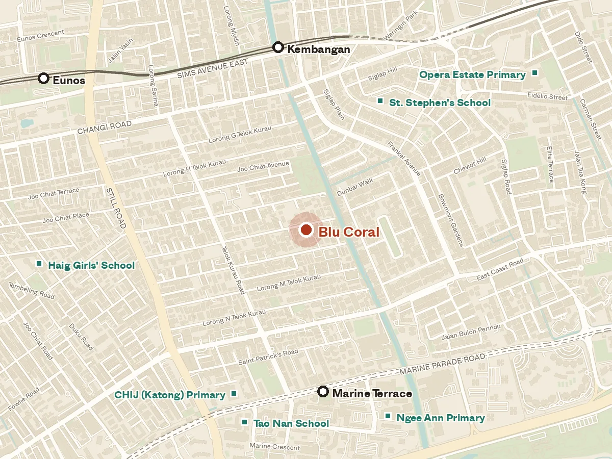 Map of the area around Blu Coral, with nearby MRT stations and primary schools