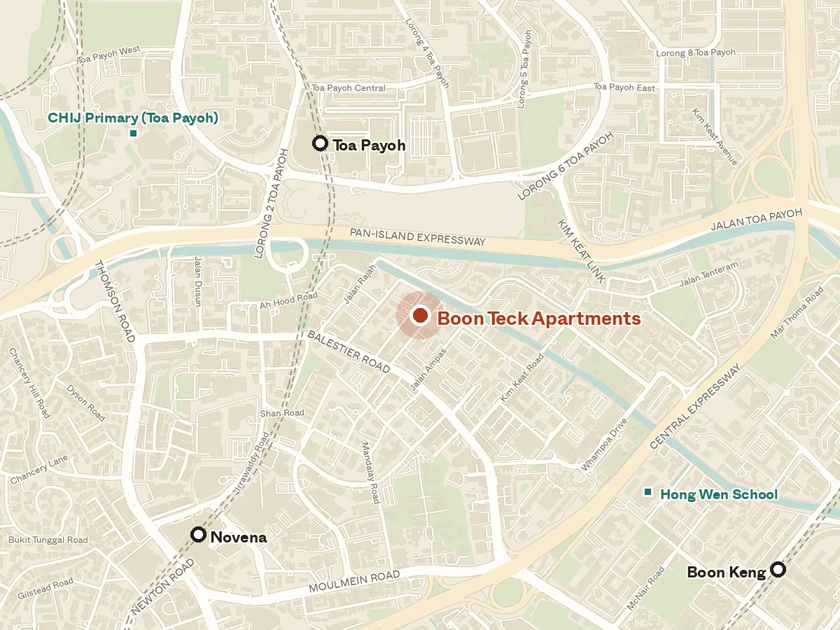 Map of the area around Boon Teck Apartments, with nearby MRT stations and primary schools