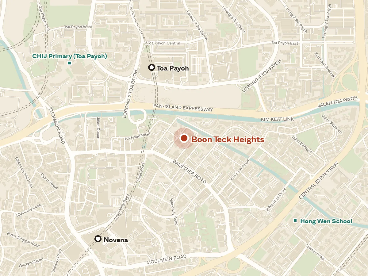 Map of the area around Boon Teck Heights, with nearby MRT stations and primary schools
