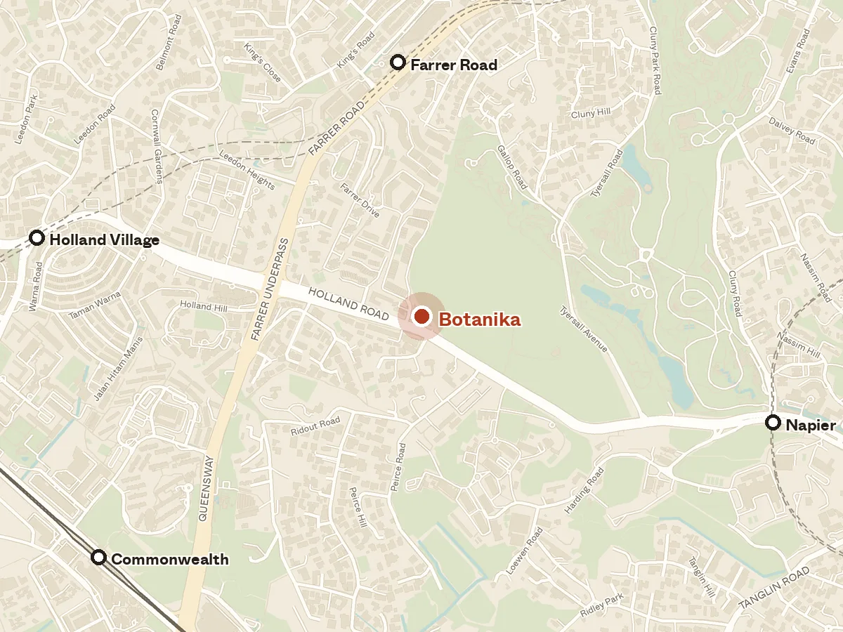 Map of the area around Botanika, with nearby MRT stations and primary schools