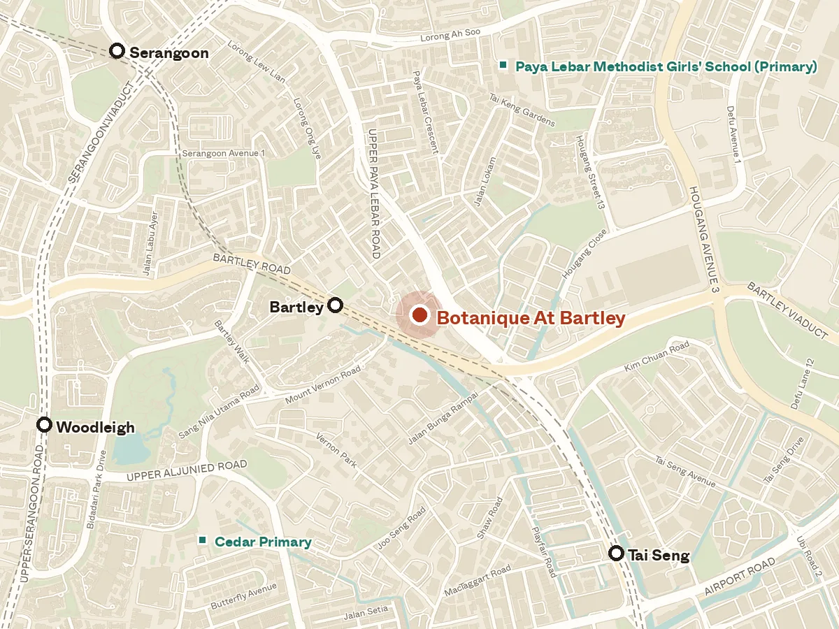 Map of the area around Botanique At Bartley, with nearby MRT stations and primary schools