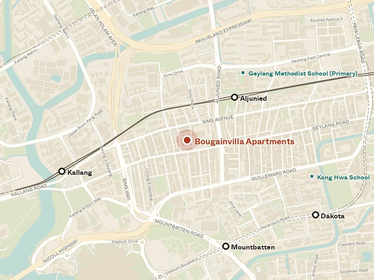 Map of the area around Bougainvilla Apartments, with nearby MRT stations and primary schools