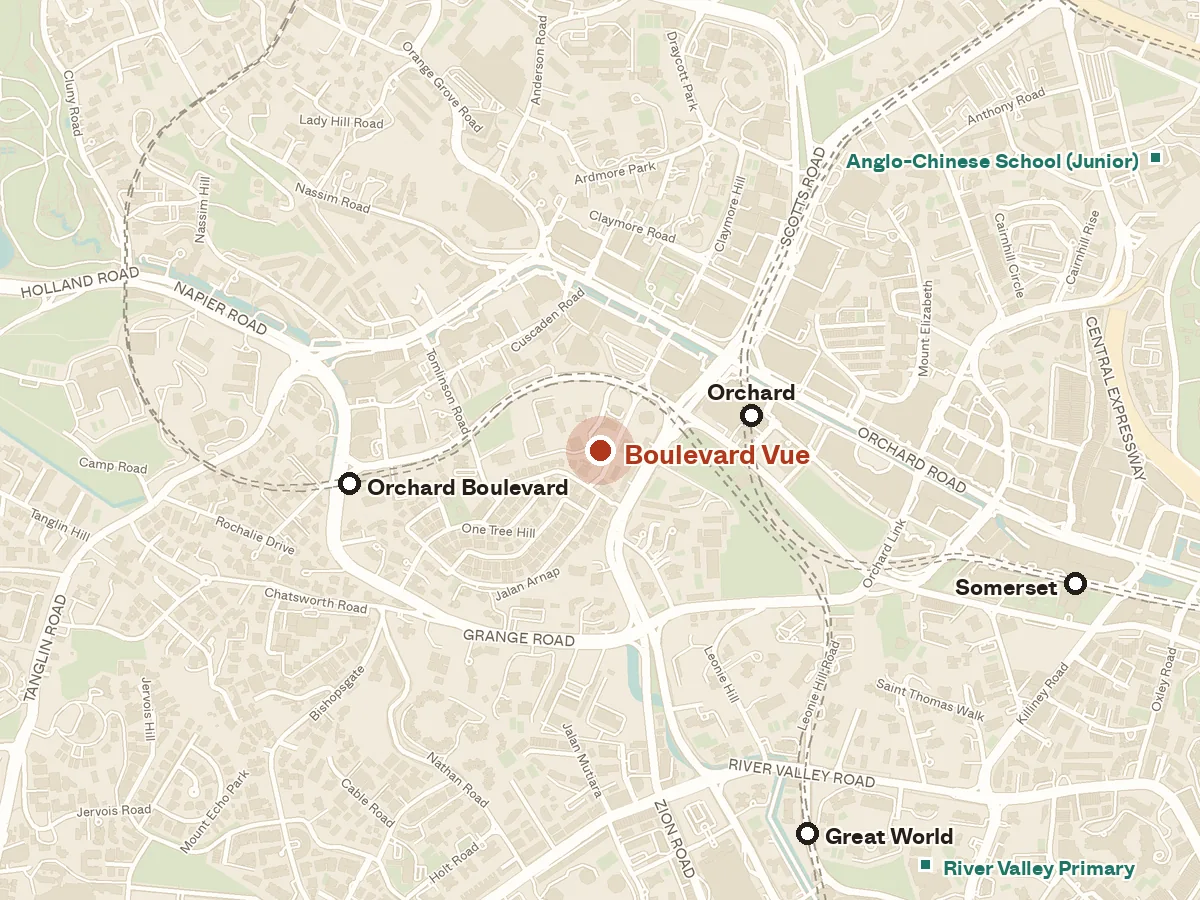 Map of the area around Boulevard Vue, with nearby MRT stations and primary schools