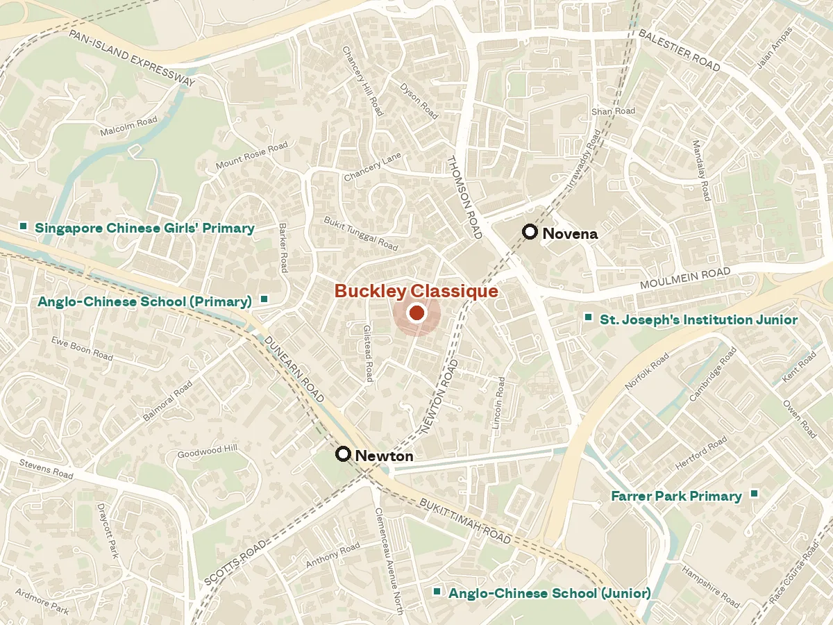 Map of the area around Buckley Classique, with nearby MRT stations and primary schools