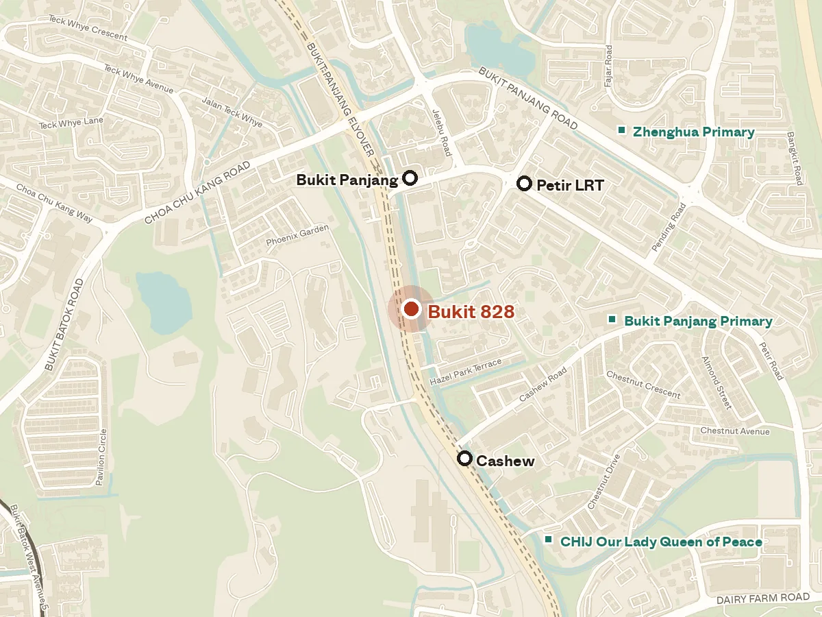 Map of the area around Bukit 828, with nearby MRT stations and primary schools