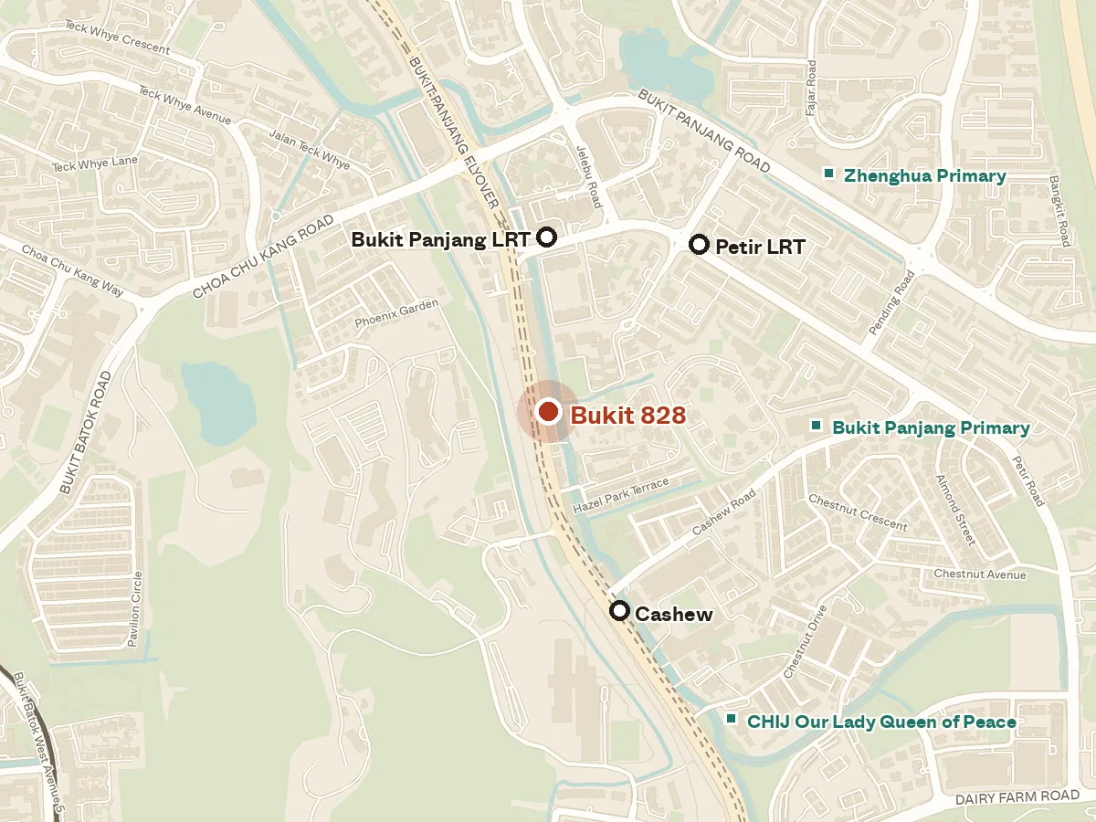 Map of the area around Bukit 828, with nearby MRT stations and primary schools