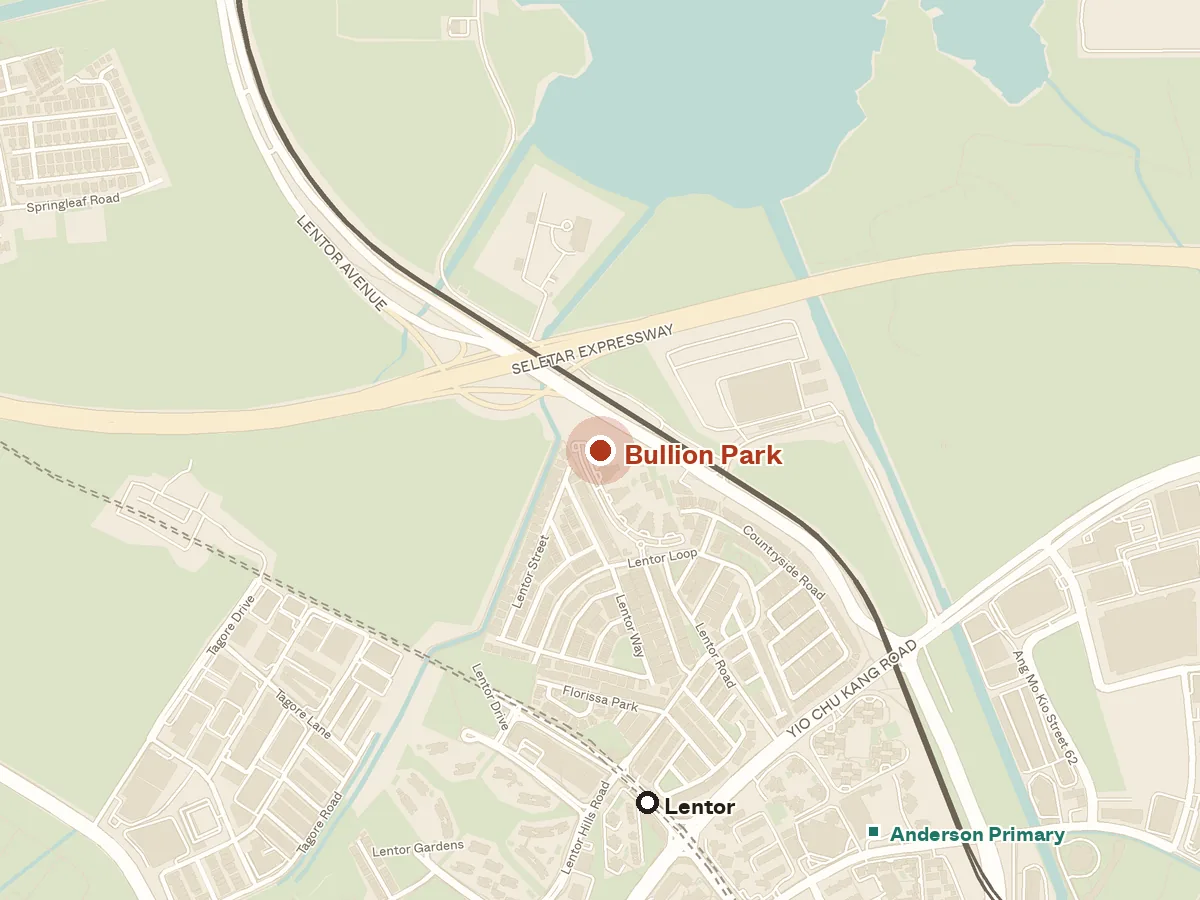 Map of the area around Bullion Park, with nearby MRT stations and primary schools