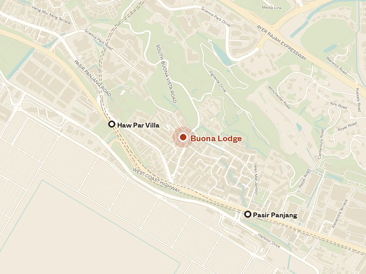 Map of the area around Buona Lodge, with nearby MRT stations and primary schools