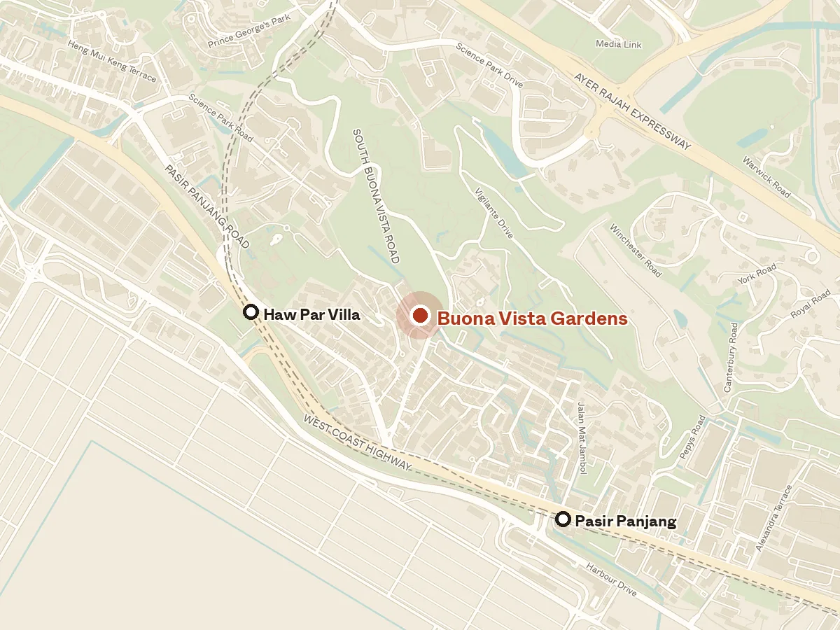Map of the area around Buona Vista Gardens, with nearby MRT stations and primary schools