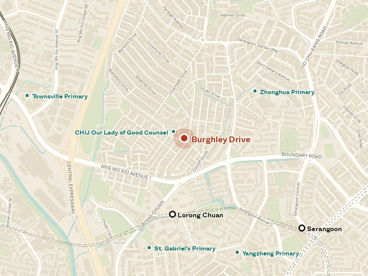 Map of the area around Burghley Drive, with nearby MRT stations and primary schools