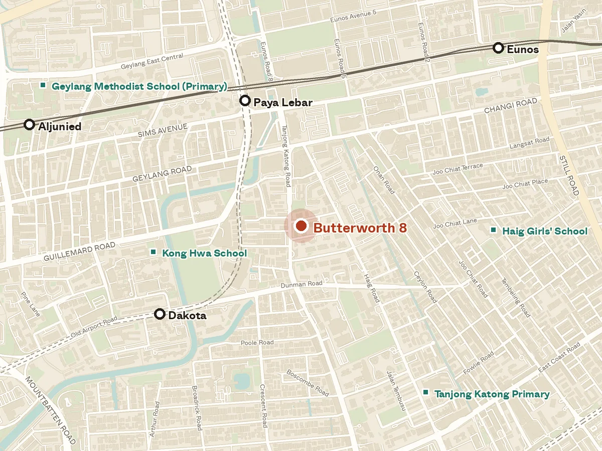 Map of the area around Butterworth 8, with nearby MRT stations and primary schools